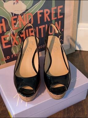 Marc Fisher Patent Peep-Toe Cork Wedge Slingback - Black Size 9